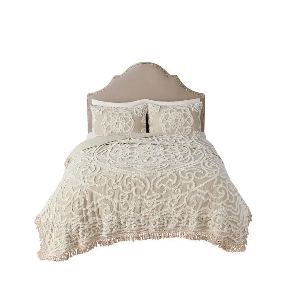 Madison Park King Bedspread Set Beige Chenille Tufted 3pc Luxury Bedding